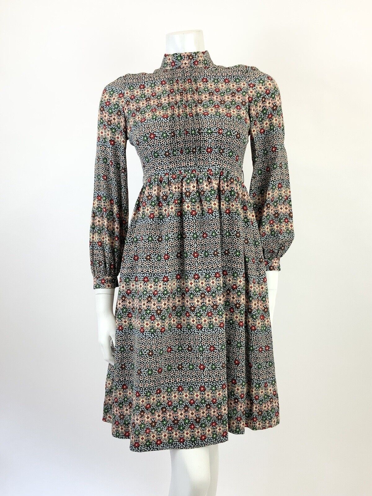 VINTAGE 60s 70s BLUE CREAM RED BLACK PSYCHEDELIC FLORAL DITSY SWING DRESS 8