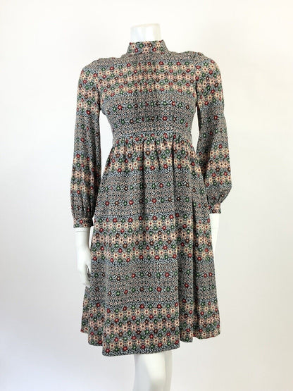 VINTAGE 60s 70s BLUE CREAM RED BLACK PSYCHEDELIC FLORAL DITSY SWING DRESS 8