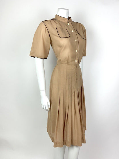 VINTAGE 70s 80s CAMEL BROWN MANDARIN COLLAR PLEATED SUMMER SHIRT DRESS 10