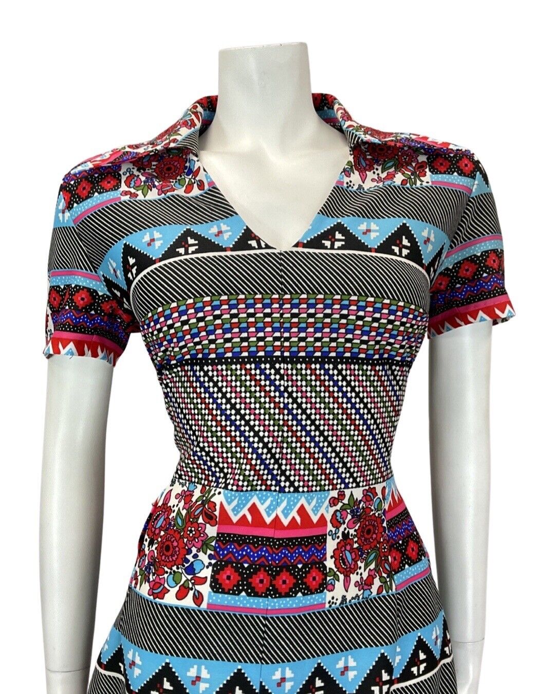 VINTAGE 60s 70s BLACK RED BLUE POLKA-DOT GEOMETRIC MOD DAGGER SHIRT DRESS 12 14
