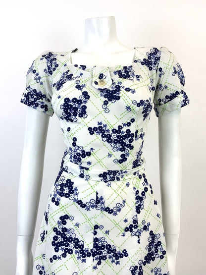 VINTAGE 60s 70s WHITE GREEN BLUE CHECKED FLORAL DITSY PUFF SLEEVE DRESS 12 14