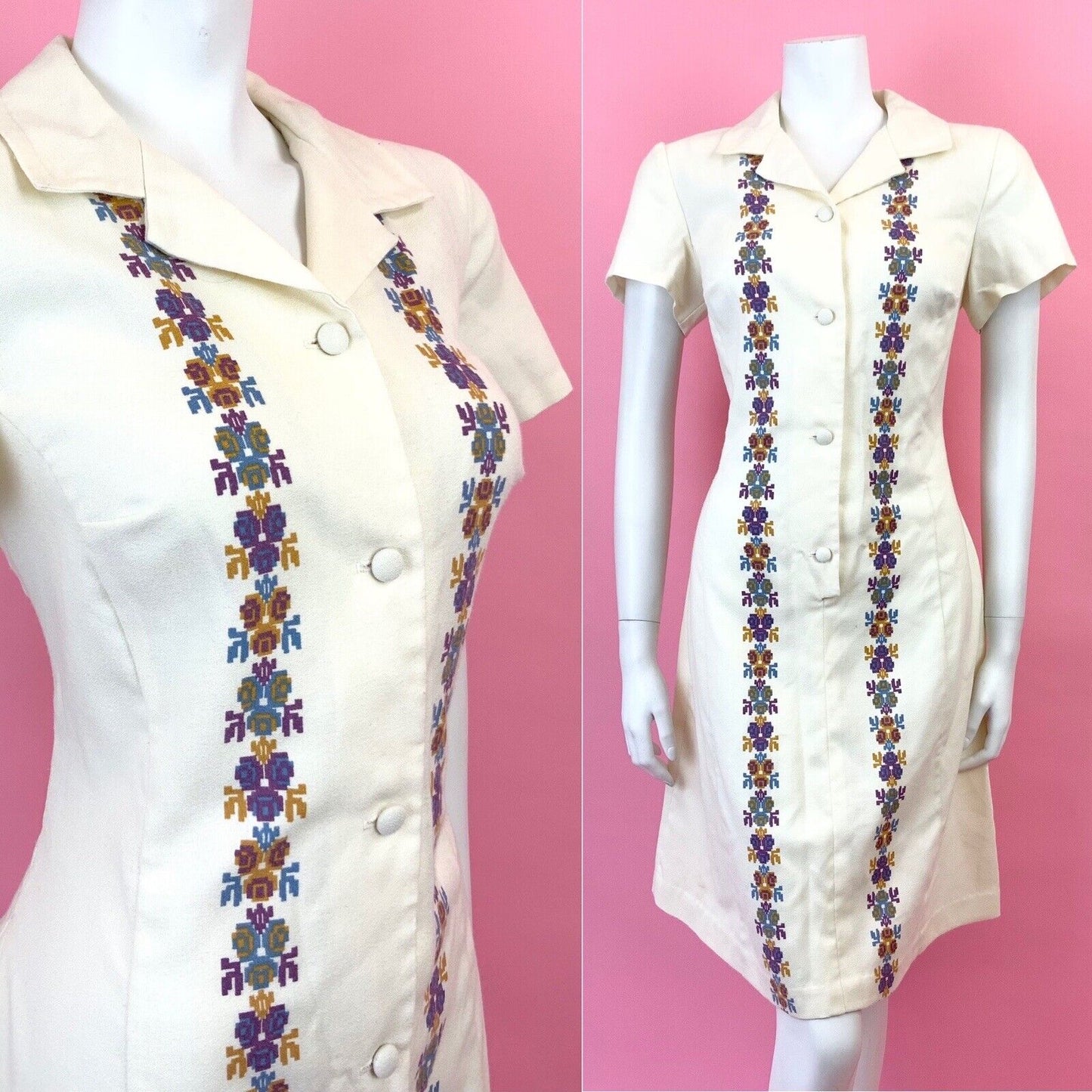 VINTAGE 60s 70s CREAM BLUE PURPLE PIXEL ROSE FLORAL REVERS SHIRT DRESS 12 14