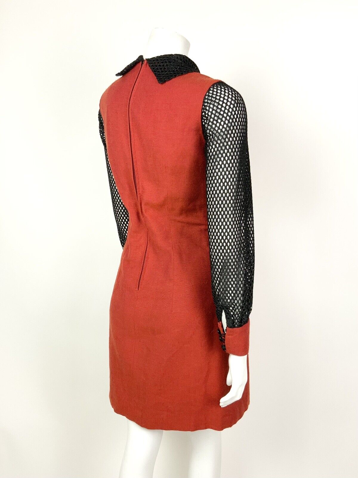 VINTAGE 60s 70s RUST RED BLACK GLITTER MESH FITTED DRESS 8