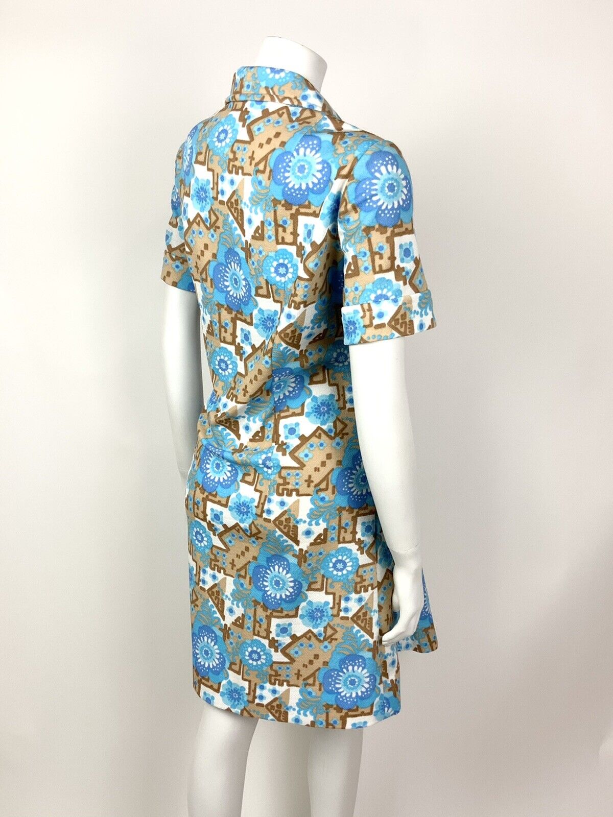 VINTAGE 60s 70s BLUE BEIGE WHITE FLORAL GEOMETRIC PSYCHEDELIC SHIRT DRESS 16 18