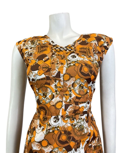 VINTAGE 60s 70s ORANGE BROWN WHITE PSYCHEDELIC ABSTRACT SLEEVELESS DRESS 10 12