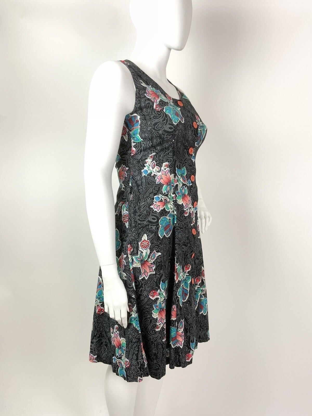 VINTAGE 70s 80s BLACK WHITE BLUE ORANGE DOTTY FLORAL PAISLEY SLEEVELESS DRESS 16