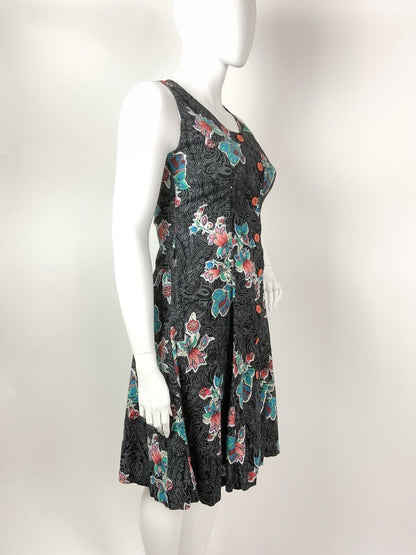 VINTAGE 70s 80s BLACK WHITE BLUE ORANGE DOTTY FLORAL PAISLEY SLEEVELESS DRESS 16
