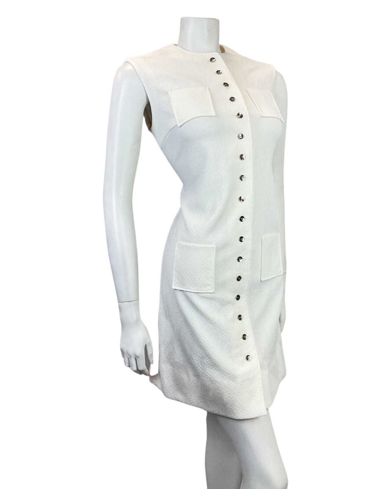 VINTAGE 60s 70s BRIGHT WHITE SILVER SLEEVELESS MOD SHORT SHIFT DRESS 10 12