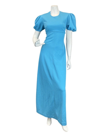 VINTAGE 60s 70s BRIGHT BLUE PUFF SLEEVE MOD MAXI DRESS 10 12