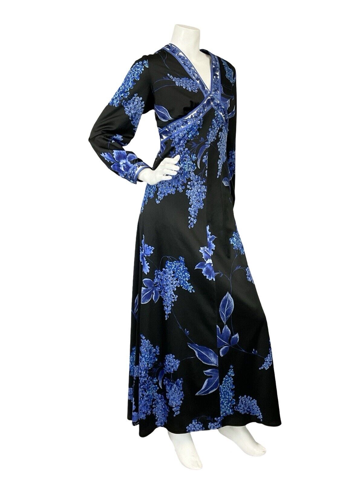 VTG 70S BLACK BLUE FLORAL PLUNGING NECKLINE BOHO HIPPY MAXI LONG SLEEVE DRESS 16