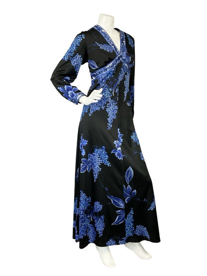 VTG 70S BLACK BLUE FLORAL PLUNGING NECKLINE BOHO HIPPY MAXI LONG SLEEVE DRESS 16