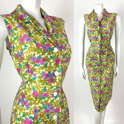 VINTAGE 60s 70s GREEN PINK PURPLE YELLOW FLORAL SLEEVELESS SHIRT DRESS 14 16