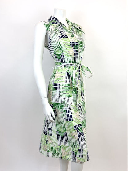 VINTAGE 60s 70s GREEN WHITE BLUE GEOMETRIC GRID CHECKED DAGGER SHIRT DRESS 12 14