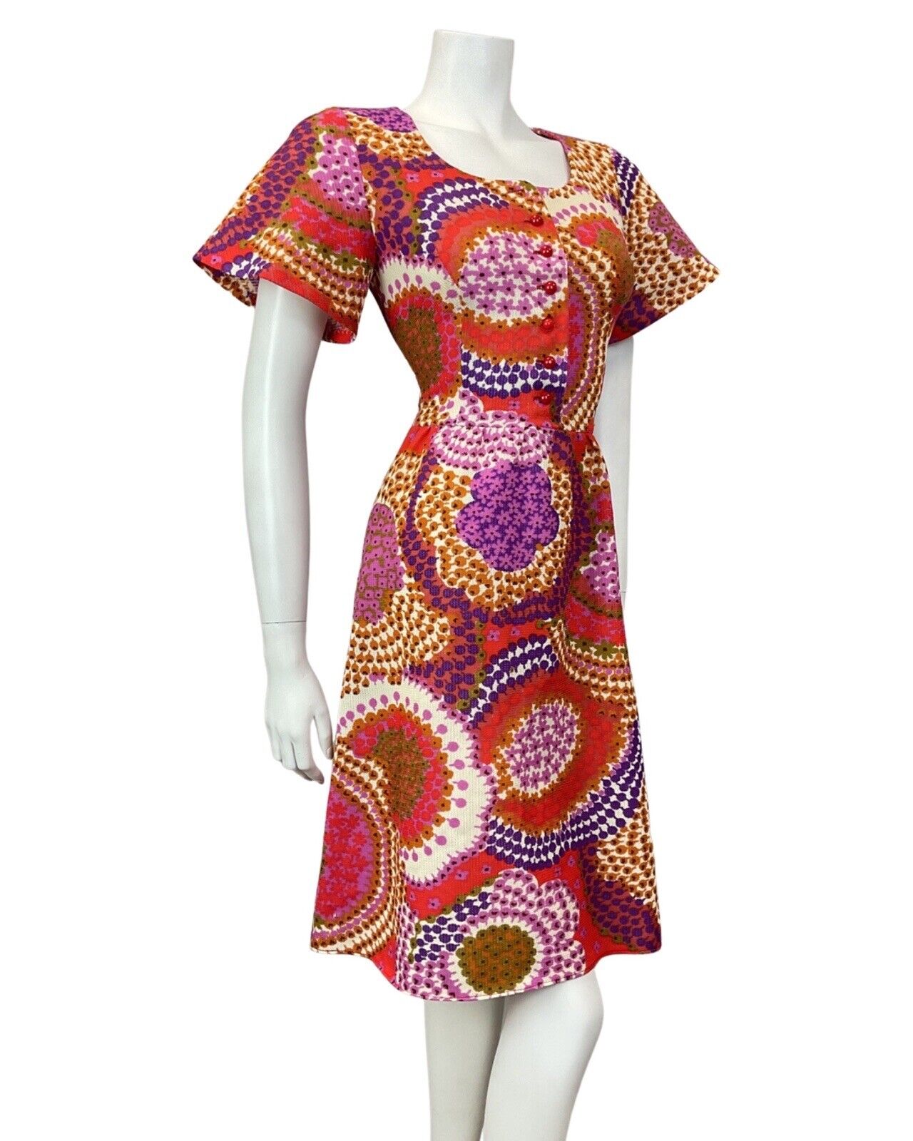 VTG 60s 70s PINK RED PURPLE PSYCHEDELIC SPIROGRAPH FLORAL BELL SLEEVE DRESS 8 10