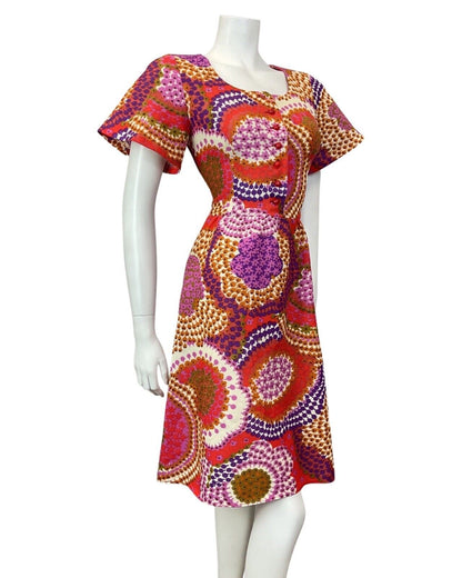 VTG 60s 70s PINK RED PURPLE PSYCHEDELIC SPIROGRAPH FLORAL BELL SLEEVE DRESS 8 10