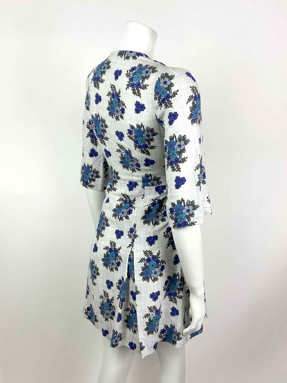 VINTAGE 60s 70s GREY NAVY BLUE FLORAL BOUQUET COTTON DRESS 10