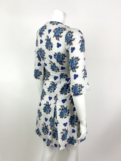 VINTAGE 60s 70s GREY NAVY BLUE FLORAL BOUQUET COTTON DRESS 10