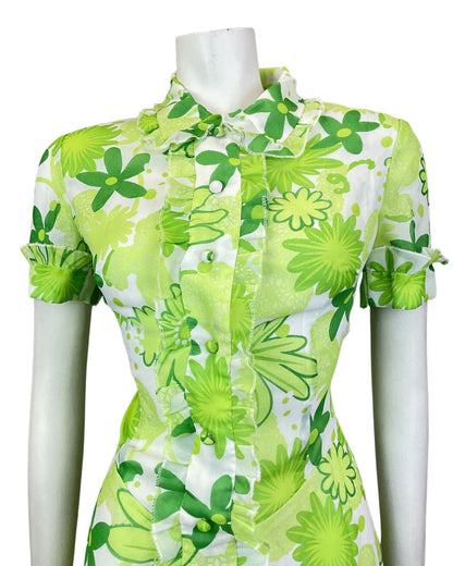 VINTAGE 60s 70s LIME FOREST APPLE GREEN FLORAL DAISY MOD SHIRT DRESS 10 12