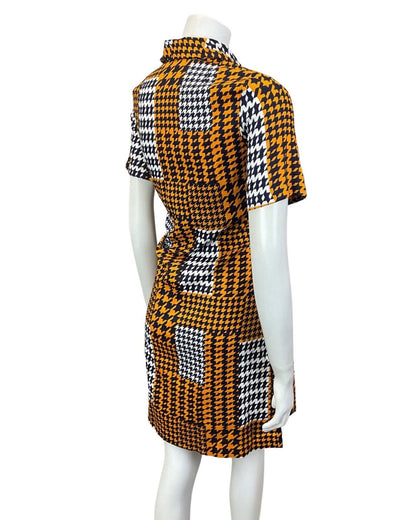 VINTAGE 60s STYLE 90s ORANGE BLUE WHITE GEOMETRIC DOGTOOTH DAGGER SHIRT DRESS 12
