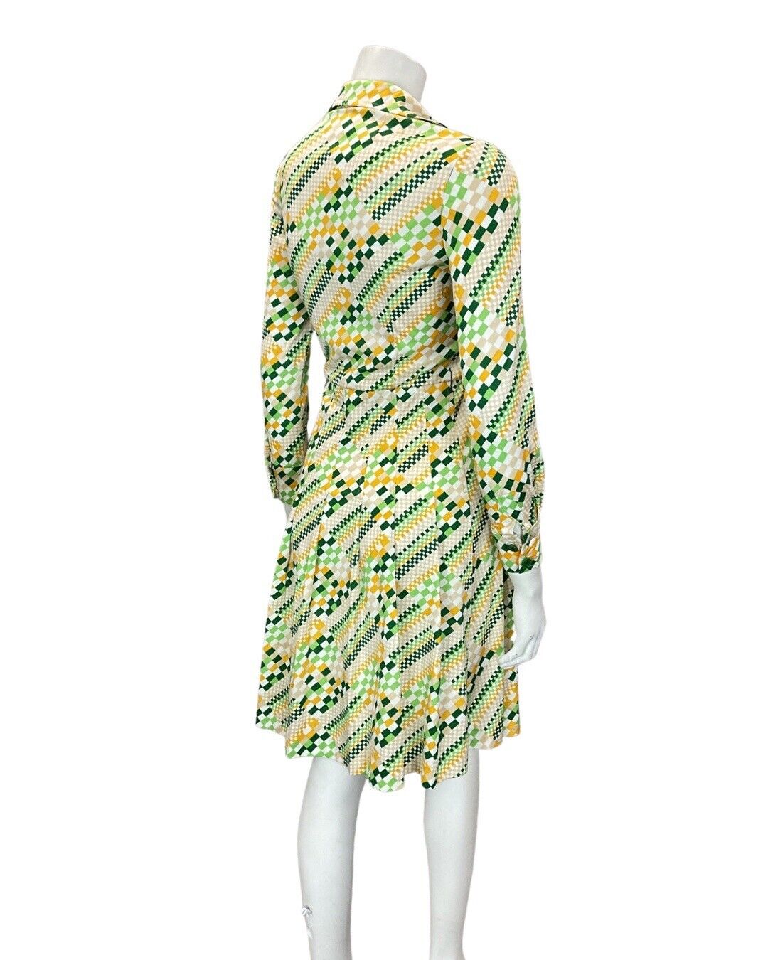 VINTAGE 60s 70s GREEN WHITE YELLOW PIXEL GEOMETRIC MOD DAGGER SHIRT DRESS 8