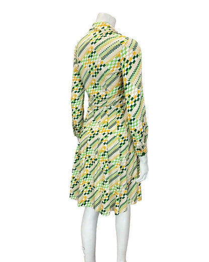 VINTAGE 60s 70s GREEN WHITE YELLOW PIXEL GEOMETRIC MOD DAGGER SHIRT DRESS 8