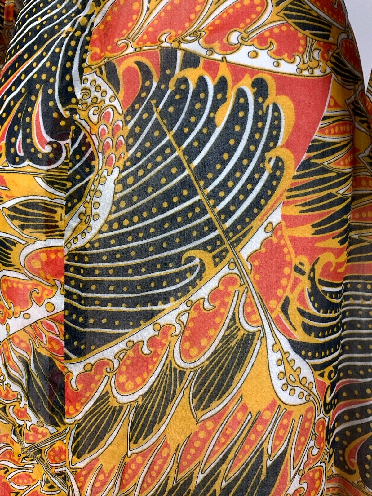 VTG 60s 70s ORANGE YELLOW BLACK FEATHER PSYCHEDELIC CARNIVAL SHEER DRESS 8 10