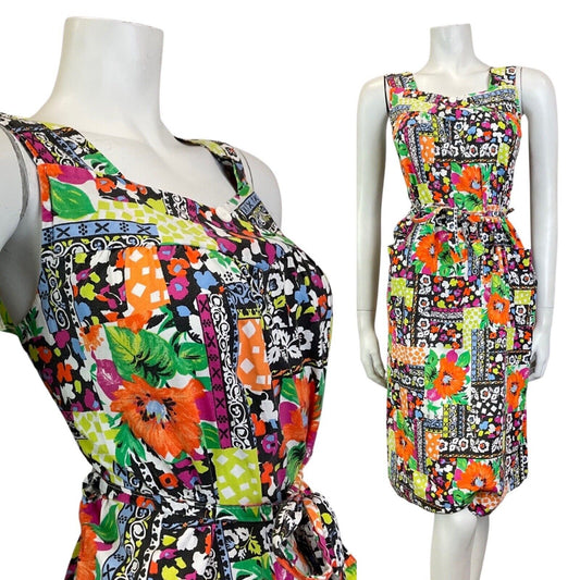 VINTAGE 60s 70s BLACK ORANGE GREEN PSYCHEDELIC FLORAL PATCHWORK SUN-DRESS 14 16