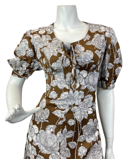 VINTAGE 60s 70s BROWN WHITE FLORAL ROSE BOHO PUFF SLEEVE MAXI DRESS 10 12