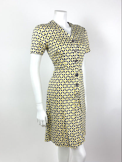 VINTAGE 60s 70s WHITE YELLOW NAVY BLUE CHECKED GEOMETRIC MOD DRESS 10