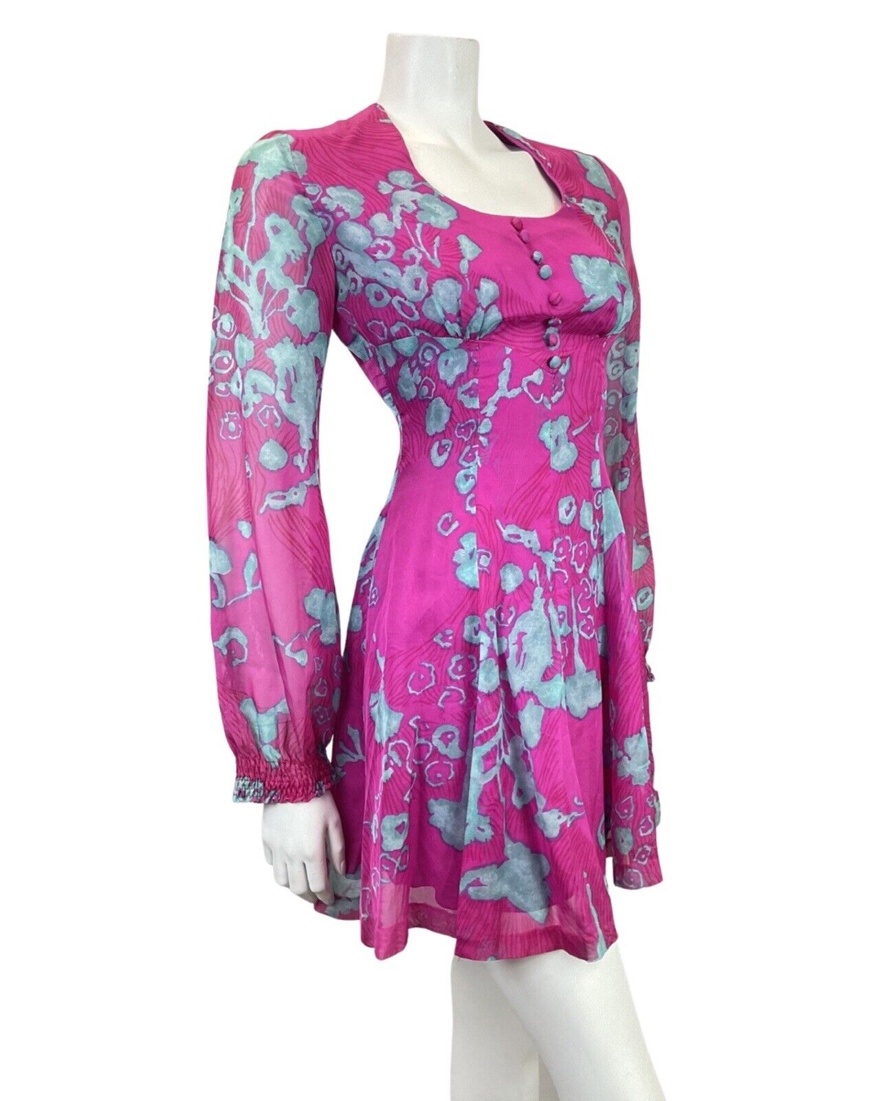 VINTAGE 60s 70s PINK BLUE FLORAL MOD SHEER SWING SHORT DRESS 8 10