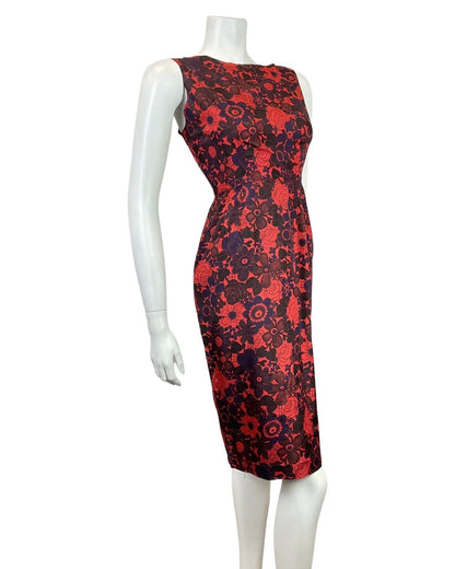 VINTAGE 60s RED PURPLE BROWN FLORAL SLEEVELESS WIGGLE PENCIL DRESS 6