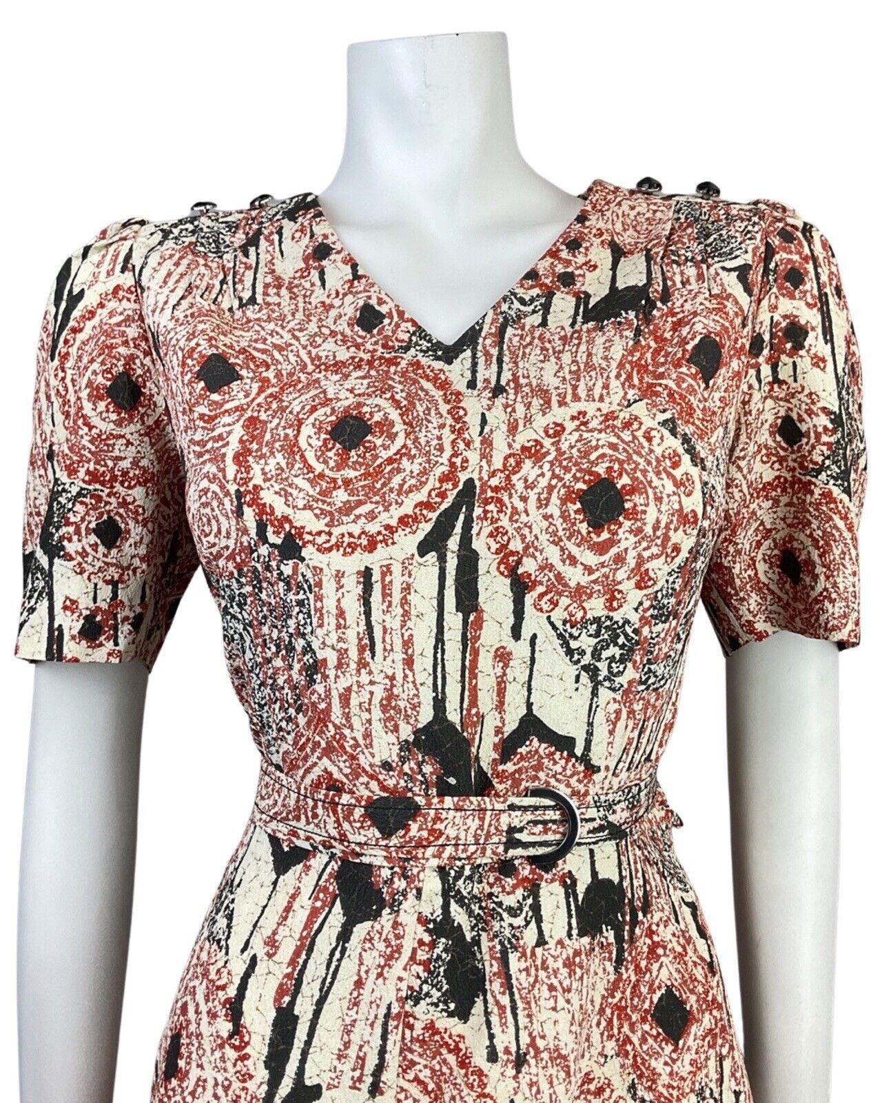 VINTAGE 60s 70s CREAM BLACK RED PSYCHEDELIC SWIRL BELTED SWING DRESS 12 14