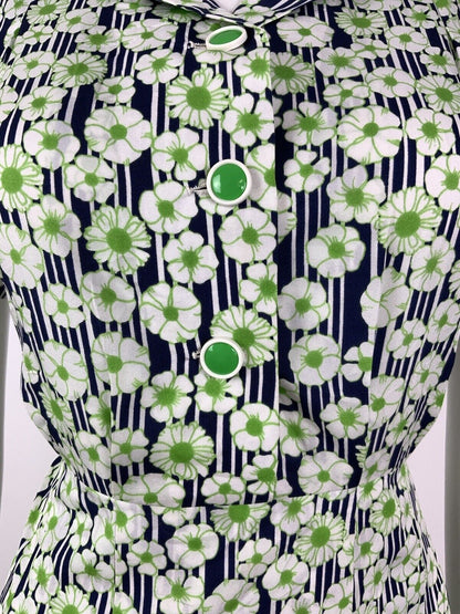 VINTAGE 60s 70s GREEN BLUE WHITE STRIPED FLORAL DAISY MOD SHIRT DRESS 12 14