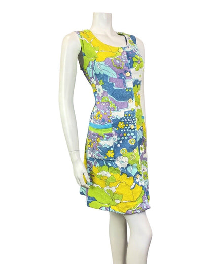 VINTAGE 60s 70s BLUE PURPLE GREEN PSYCHEDELIC FLORAL TERRY TOWEL BEACH DRESS 12