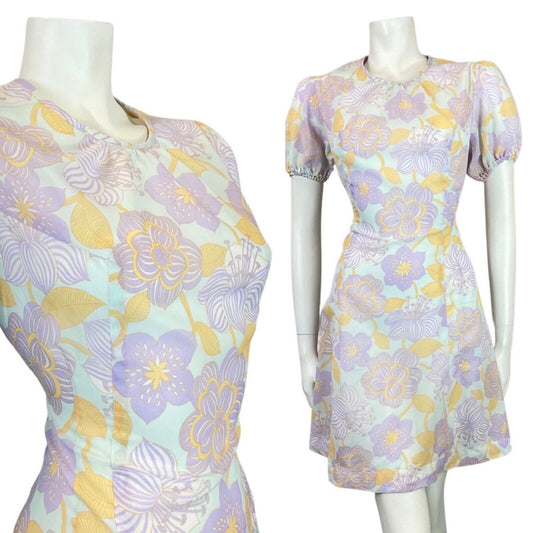 VINTAGE 60s 70s PURPLE BLUE YELLOW FLORAL MOD PUFF SLEEVE SWING DRESS 10 12