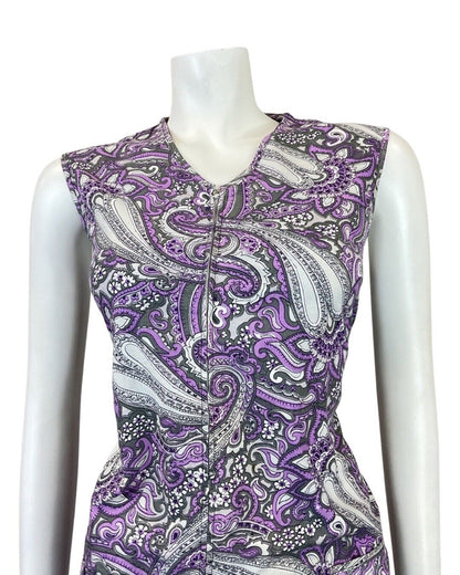 VINTAGE 60s 70s PURPLE GREY WHITE PSYCHEDELIC MANDALA FLORAL SLEEVELESS 12 14