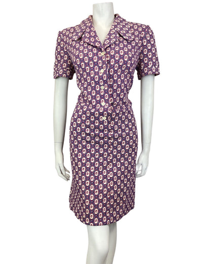 VINTAGE 60s 70s PURPLE PINK CREAM GEOMETRIC TILED MOD SHIRT DRESS 16