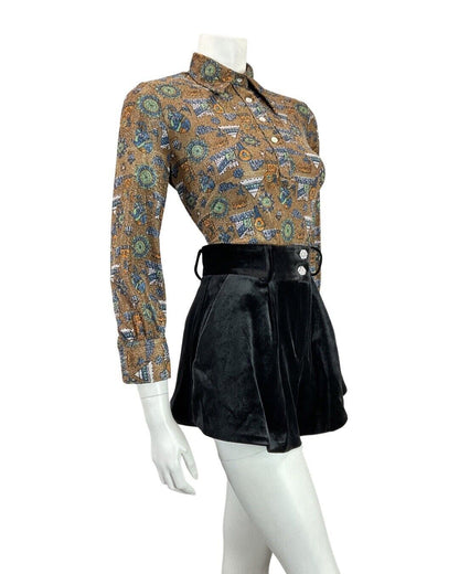 VINTAGE 70s BROWN SILVER BLUE CASTLE TENT MOD DAGGER COLLAR LUREX SHIRT 12