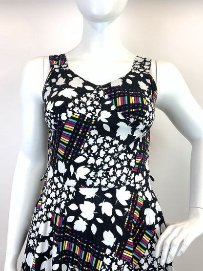VINTAGE 60s 70s BLACK WHITE RED PURPLE LEAFY FLORAL SLEEVELESS SWING DRESS 16