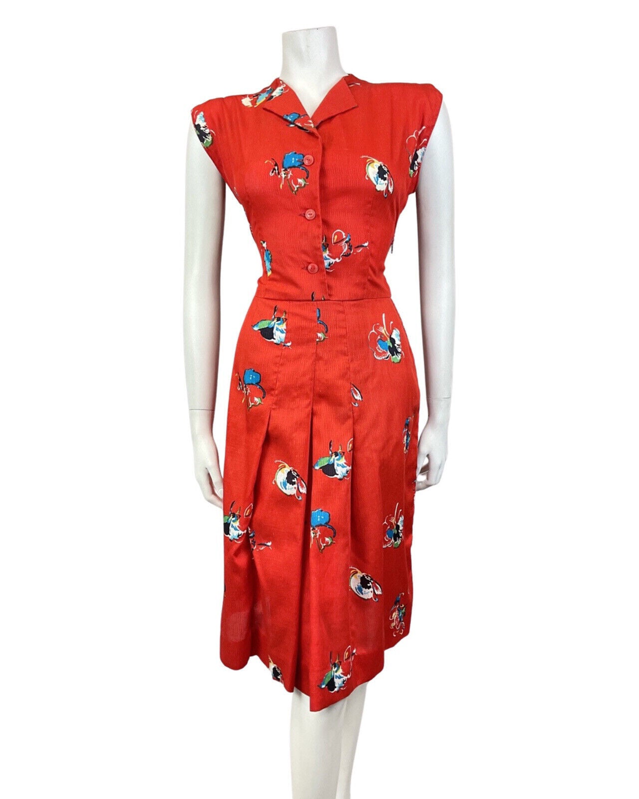 VINTAGE 60s 70s PILLARBOX RED BLUE FLORAL ABSTRACT SLEEVELESS SHIRT DRESS 12 14