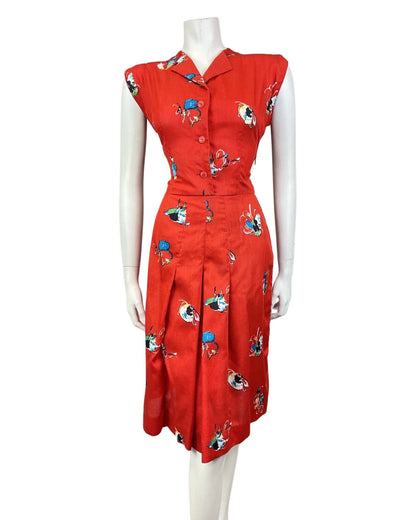 VINTAGE 60s 70s PILLARBOX RED BLUE FLORAL ABSTRACT SLEEVELESS SHIRT DRESS 12 14