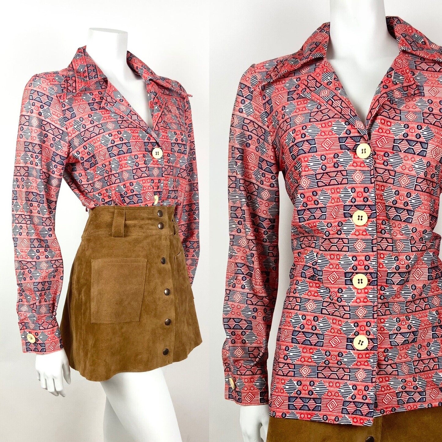 VINTAGE 60s 70s RED BLUE WHITE GEOMETRIC MOD DAGGER COLLAR SHIRT BLOUSE 16 18