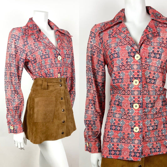 VINTAGE 60s 70s RED BLUE WHITE GEOMETRIC MOD DAGGER COLLAR SHIRT BLOUSE 16 18