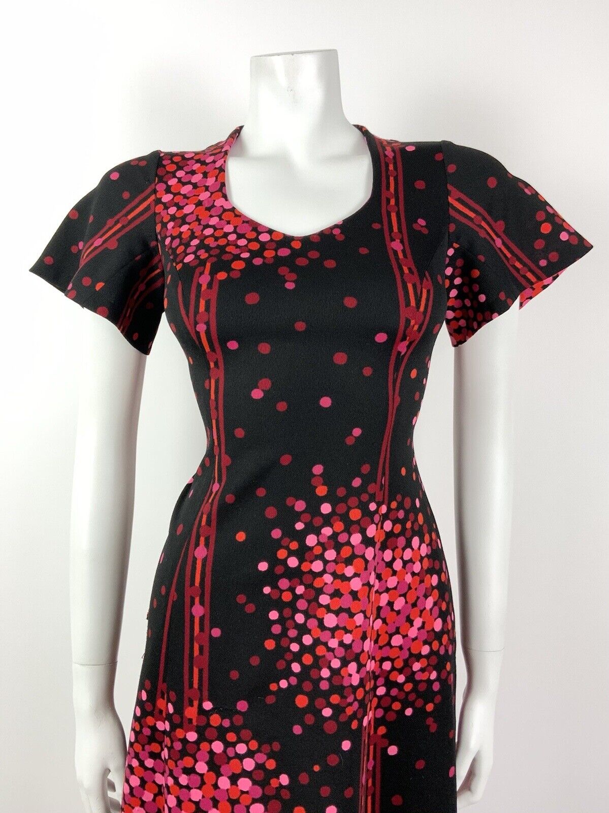 VINTAGE 60s 70s BLACK PINK RED ORANGE DOTTY STRIPE FIT & FLARE DRESS 12 14