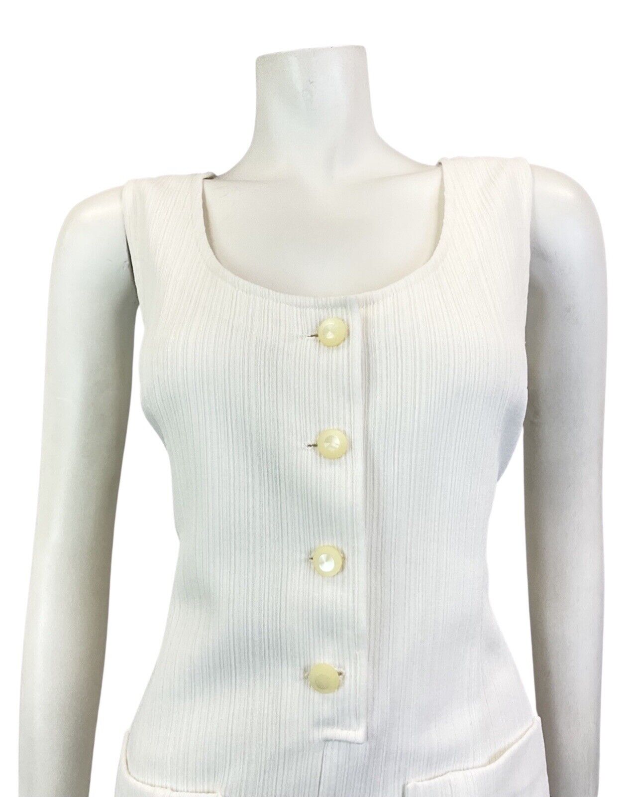 VINTAGE 60s 70s WHITE RIBBED MOD PINAFORE SLEEVELESS DRESS 12