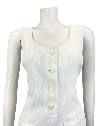 VINTAGE 60s 70s WHITE RIBBED MOD PINAFORE SLEEVELESS DRESS 12