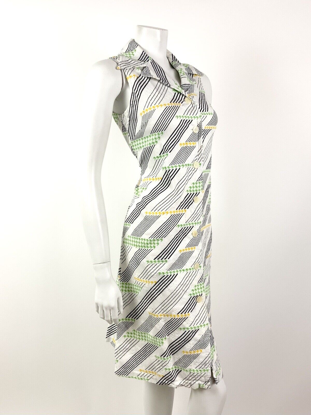 VINTAGE 60s 70s WHITE BLACK GREEN STRIPED HOUNDSTOOTH MOD DAGGER SHIRT DRESS 10