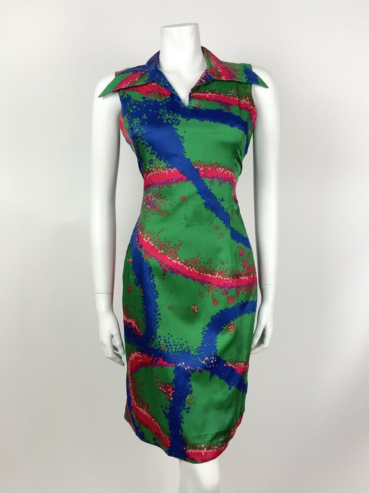 VINTAGE 60s 70s GREEN BLUE RED PINK ABSTRACT PSYCHEDELIC WING COLLAR DRESS 12