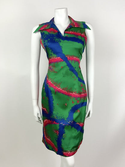 VINTAGE 60s 70s GREEN BLUE RED PINK ABSTRACT PSYCHEDELIC WING COLLAR DRESS 12