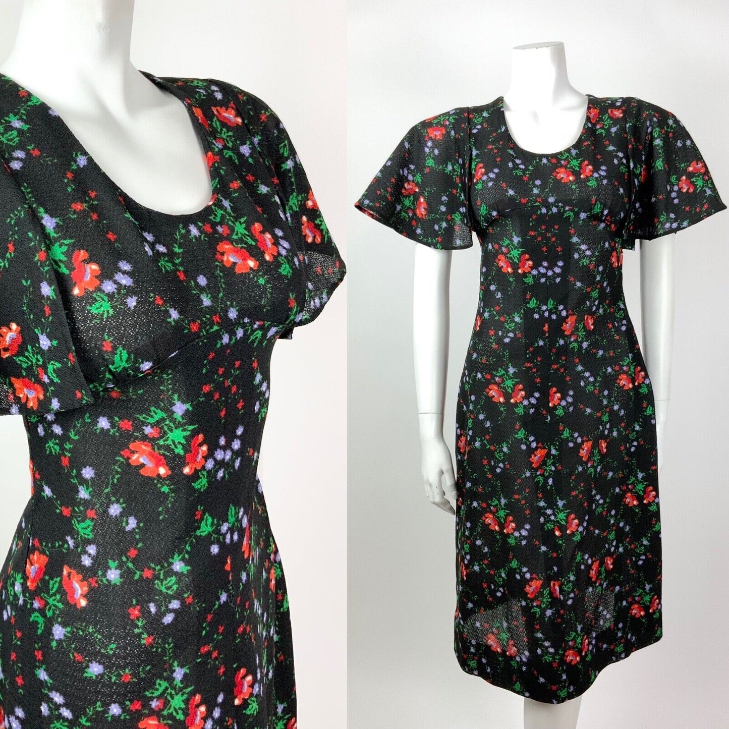 VINTAGE 60s 70s BLACK RED GREEN PURPLE FLORAL CAPE SLEEVE DRESS 10